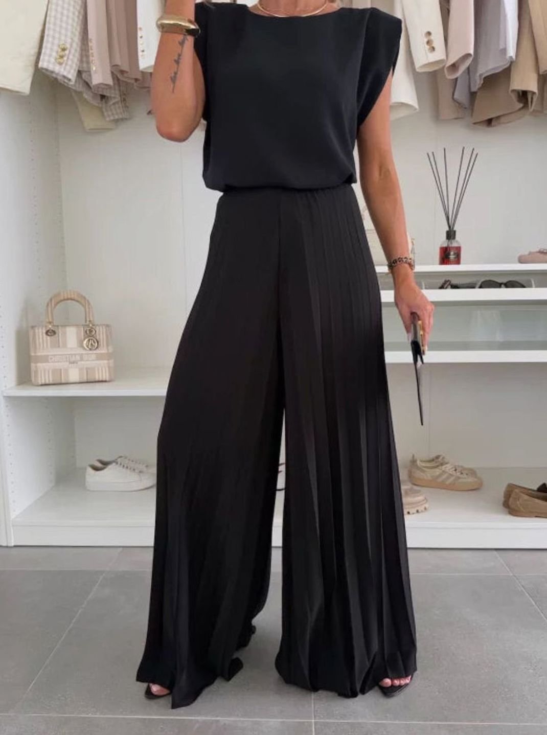 Womens Set Pleated Wide-Leg Trousers Padded-Shoulder Top Two-Piece