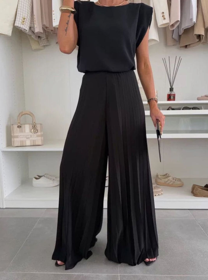 Womens Set Pleated Wide-Leg Trousers Padded-Shoulder Top Two-Piece