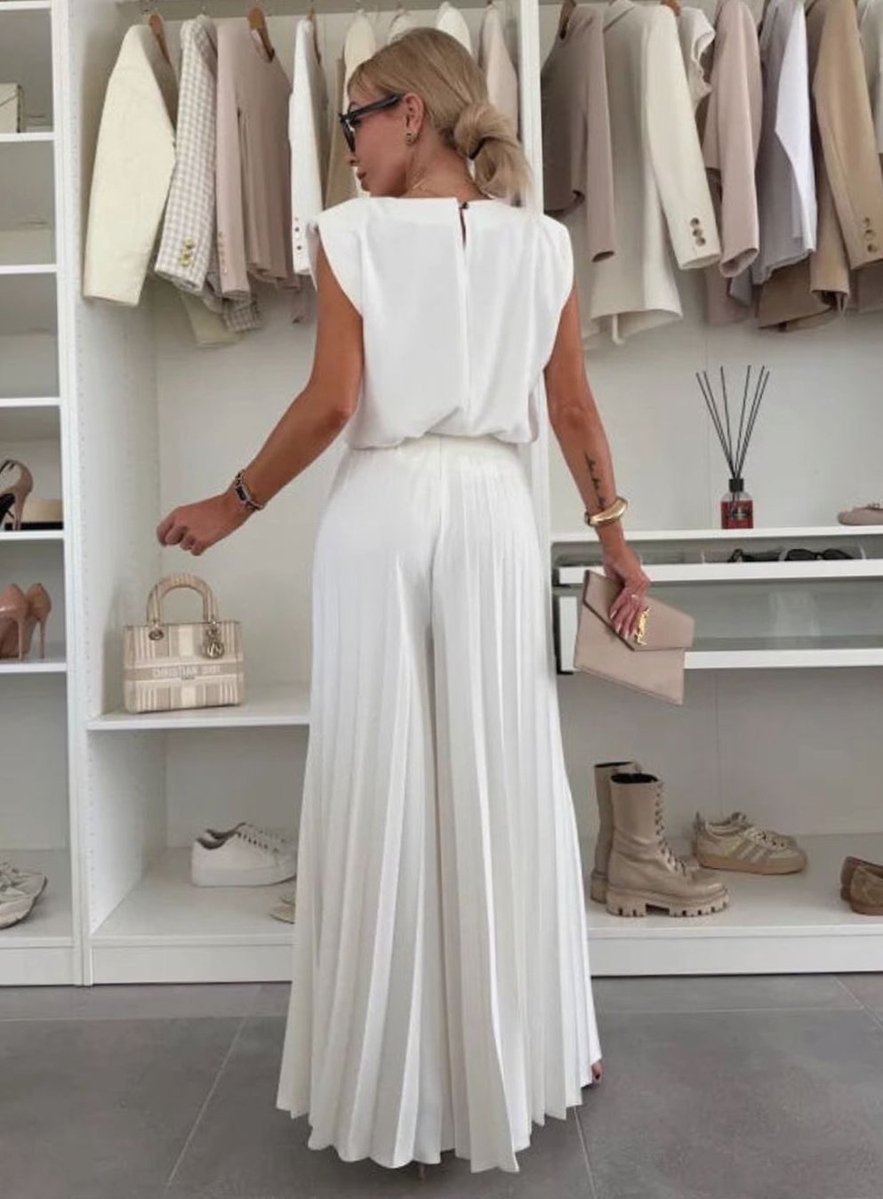 Womens Set Pleated Wide-Leg Trousers Padded-Shoulder Top Two-Piece