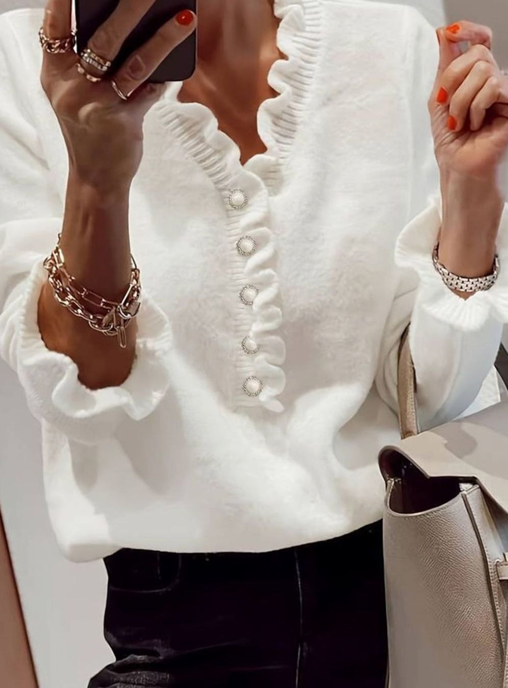 Women's White Frilly Ruffle Blouse Pearl Button Knit Cardigan